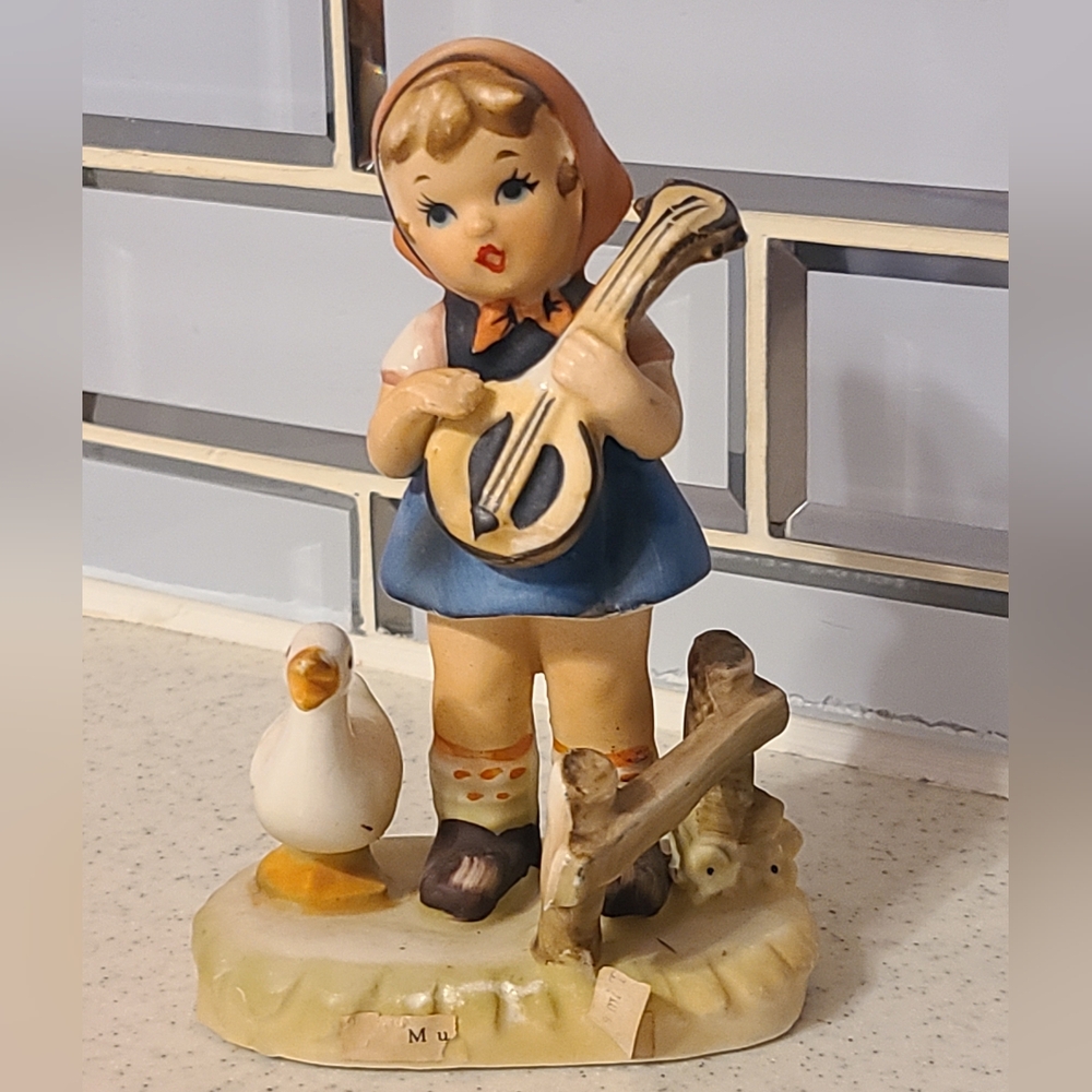 Vintage Ceramic Figurine with Blue Dress and Orange Scarf